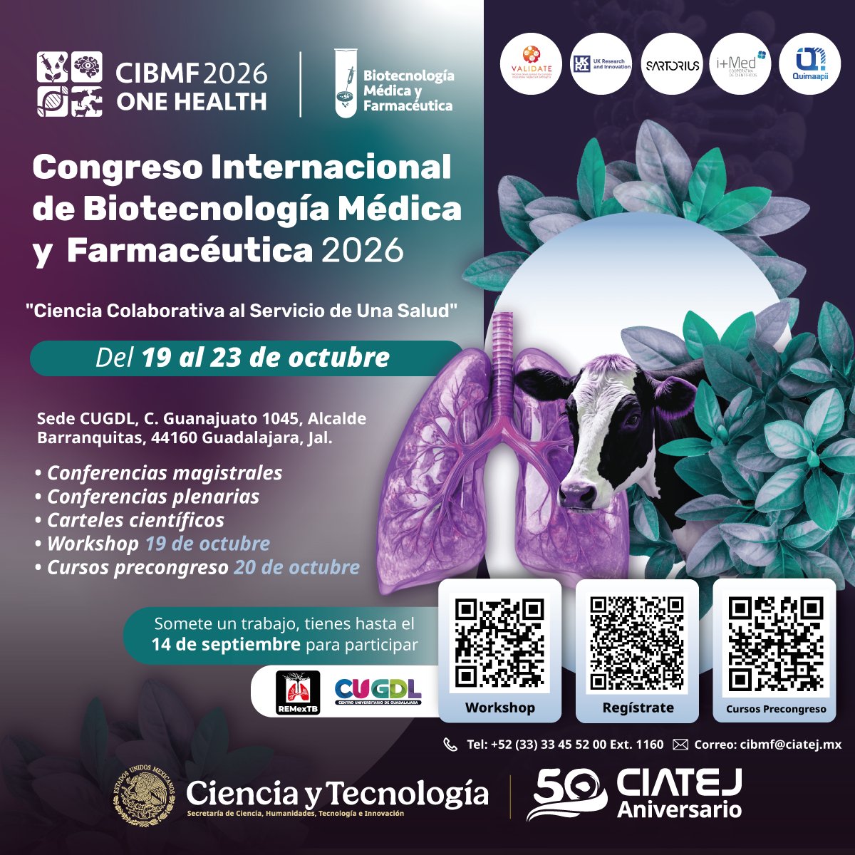 CIATEJ's tweet photo. 🔬🌎 Participa en el 2.º Congreso Internacional de Biotecnología Médica y Farmacéutica #CIBMF2026: ONE HEALTH, organizado por #CIATEJ.
🗓️ 19-23 oct.
📍@cugdl_udg
📄 Envía tu resumen antes del 14 de septiembre.
📩 cibmf@ciatej.mx
#OneHealth #Biotecnología #Ciencia https://t.co/E91U7cr6UU