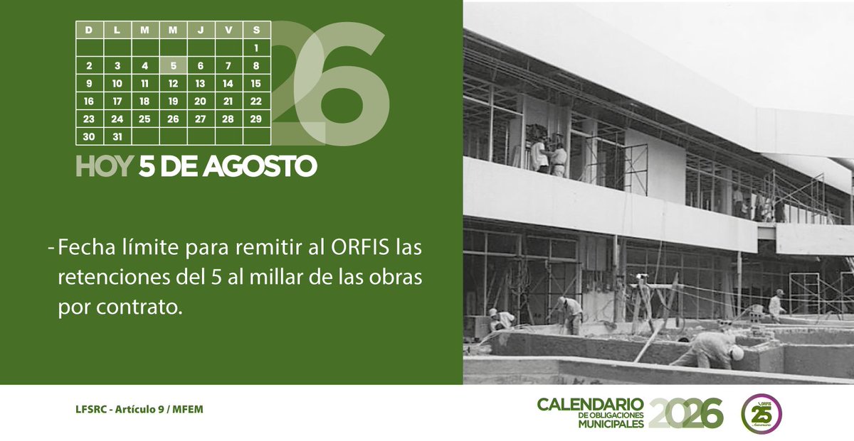 ORFIS_VER's tweet photo. 🗓Hoy 05 de agosto, fecha límite. 👇
📌En el #ORFIS hemos creado el Calendario de Obligaciones que les permitirá a las Autoridades Municipales, contribuir en el debido cumplimiento de sus obligaciones en materia de Fiscalización y Rendición de Cuentas.✅
https://t.co/vybDueFKV2 https://t.co/9DdwB2ybRv
