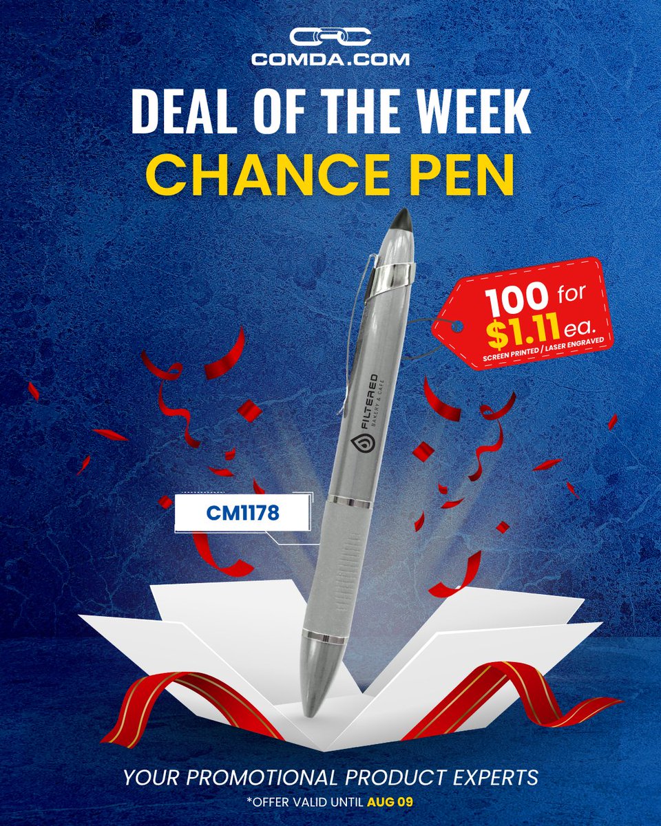 ComdaPromo's tweet photo. Looking for a sleek, high-utility item to elevate your brand?
Meet the Chance Pen, a classic writing instrument designed to make an impression every time it's picked up.

Put your logo directly on a pen built to represent your business in style.

Shop now: https://t.co/kxNhYjONLc https://t.co/Ub3B0ms6ge