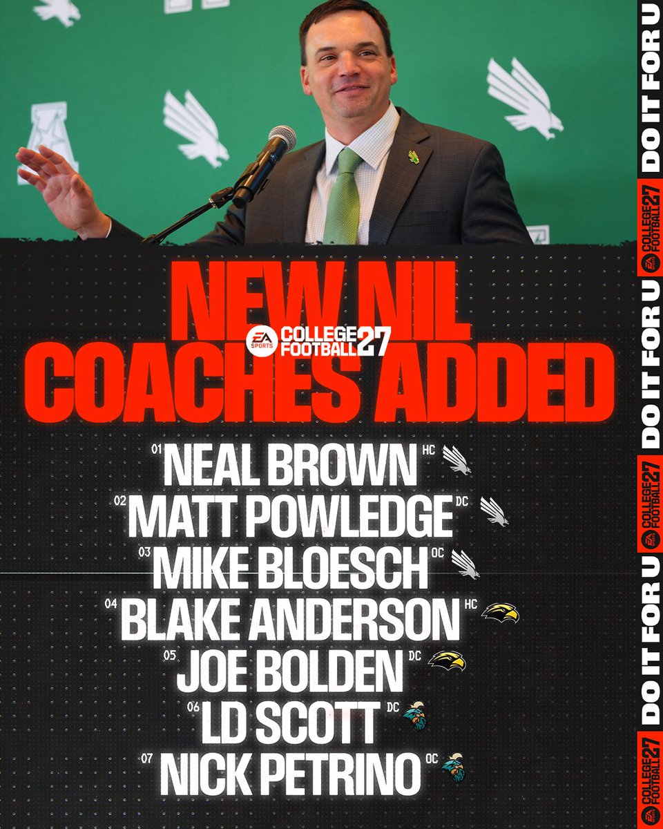 EASPORTSCollege's tweet photo. In Thursday’s #CFB27 Title Update:

👔 New uniforms
📋 More NIL coaches
🎮 Blocking + pass rush logic improvements

And much more. Here’s the full breakdown. 
🔗: https://t.co/P7V0n6zUv8 https://t.co/EpnEqB2sra