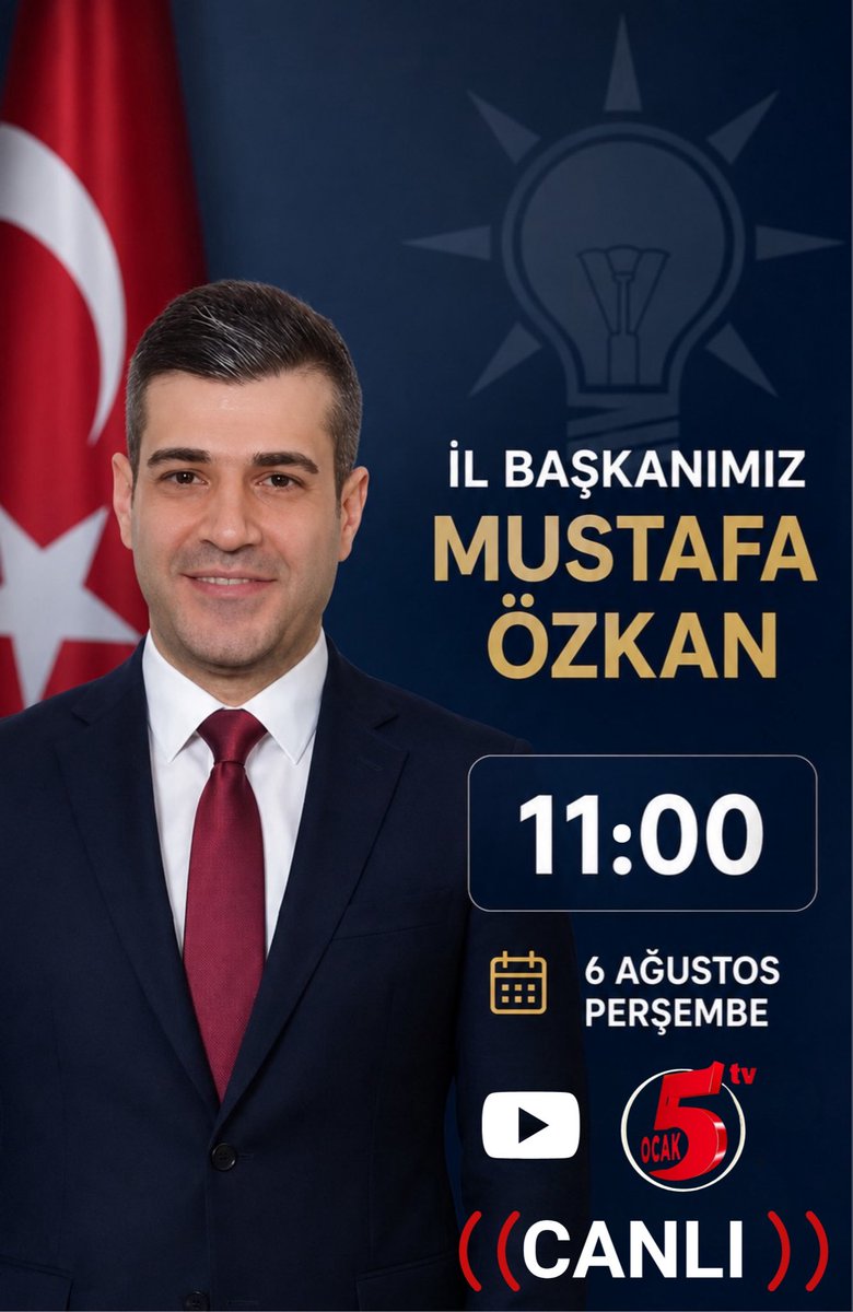 akpartiadanail's tweet photo. 📺 Canlı Yayın Duyurusu

İl Başkanımız Mustafa Özkan, yarın saat 11.00’de 5 Ocak TV ekranlarında gündeme ilişkin değerlendirmelerde bulunacaktır.

📅 6 Ağustos Perşembe
🕚 11.00
📺 5 Ocak TV

@omerrcelik @abuyukgumus @yahyacelik_ @ozmehmetemin @avmustafaozkan
@KaramikSunay
@abdullahdogru01 @farukaytek