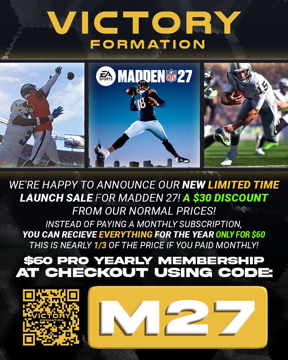 VFormationGG's tweet photo. Since #Madden27 is only 1 day away, our Official Launch Sale is here! 🚀

Get a FULL YEAR of Victory Formation GG for just $60 with code M27.

Stay ahead of the meta with the newest tips, gameplans, and lab updates all year long for nearly one-third the cost of paying monthly.

🔓 Everything: https://t.co/zgZn7vkTQ2