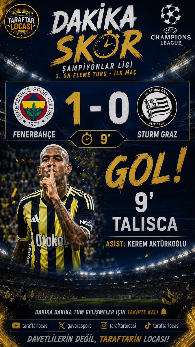 GavaraSport's tweet photo. Talisca Attı, Fenerbahçe Öne Geçti! | Fenerbahçe 1-0 Sturm Graz (9’)

Fenerbahçe, UEFA Şampiyonlar Ligi 3. Ön Eleme Turu ilk maçında Sturm Graz karşısında erken golü buldu.

⚽ 9. dakikada Anderson Talisca, Kerem Aktürkoğlu’nun asistinde ağları havalandırdı ve sarı-lacivertlileri 1-0 öne geçirdi.

İsmail Kartal’ın öğrencileri, taraftarı önünde rövanş öncesi avantaj yakalamak için mücadele ediyor.

📢 Sizce Fenerbahçe farkı açabilecek mi?
💬 Maçla ilgili yorumlarınızı bizimle paylaşmayı unutmayın!

Davetlilerin değil, taraftarın locası!

#Fenerbahçe #SturmGraz #Talisca #KeremAktürkoğlu #ŞampiyonlarLigi