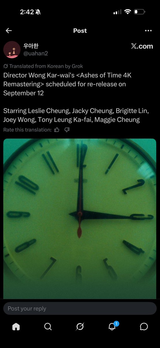 rayha1988's tweet photo. @sicillianos Never mind, on my end Grok translates the Korean to Ashes of Time but running it thirty through Google I get Days of Being Wild. https://t.co/kYaWF9qCuz