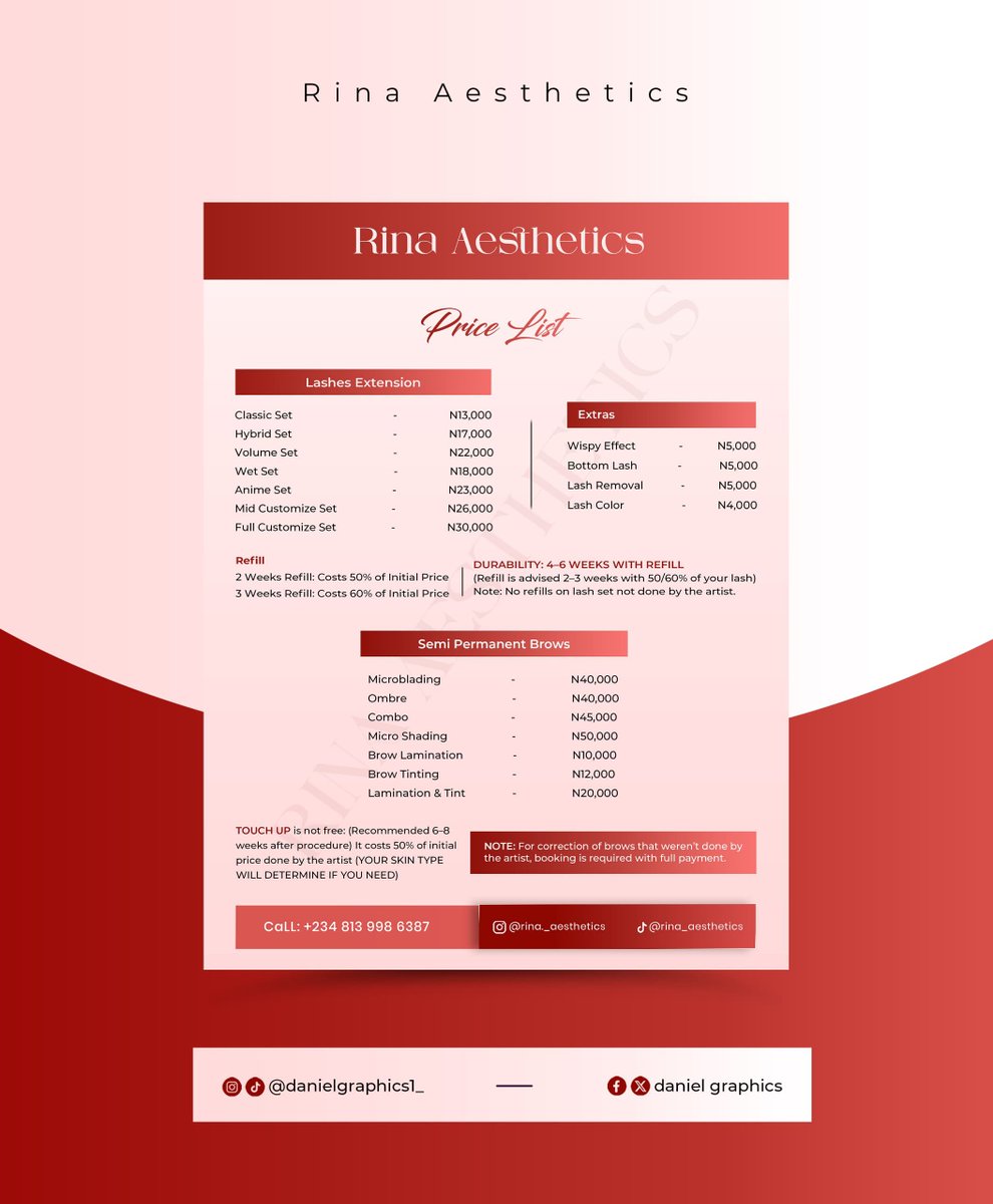 danielgraphics1's tweet photo. Price List for Rina Aesthetics ✨
Send a 📩 for your brand design
#danielgraphics #flyer #pricelist #aesthetics #socialmediaflyerdesign https://t.co/U9m1QKdgb4