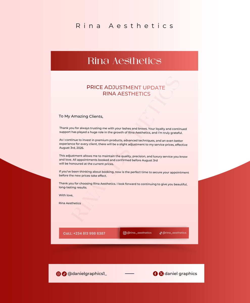 danielgraphics1's tweet photo. Price List for Rina Aesthetics ✨
Send a 📩 for your brand design
#danielgraphics #flyer #pricelist #aesthetics #socialmediaflyerdesign https://t.co/U9m1QKdgb4