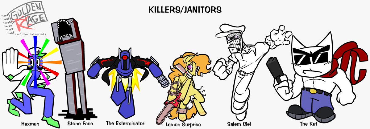 shagLSSJ's tweet photo. golden rage killers/janitors (not terminators im calling them janitors here i think it fits more) ALSO WITH COLOR

#goldenrage / #roblox #pursuitcore alternate take

Weegee/YTPs
Herobrine/Slenderman
Mecha Sonic/The Terminator
Pinkie Pie
Cancer Lord
The Guy/Cat Mario https://t.co/DB8C2WLTmb