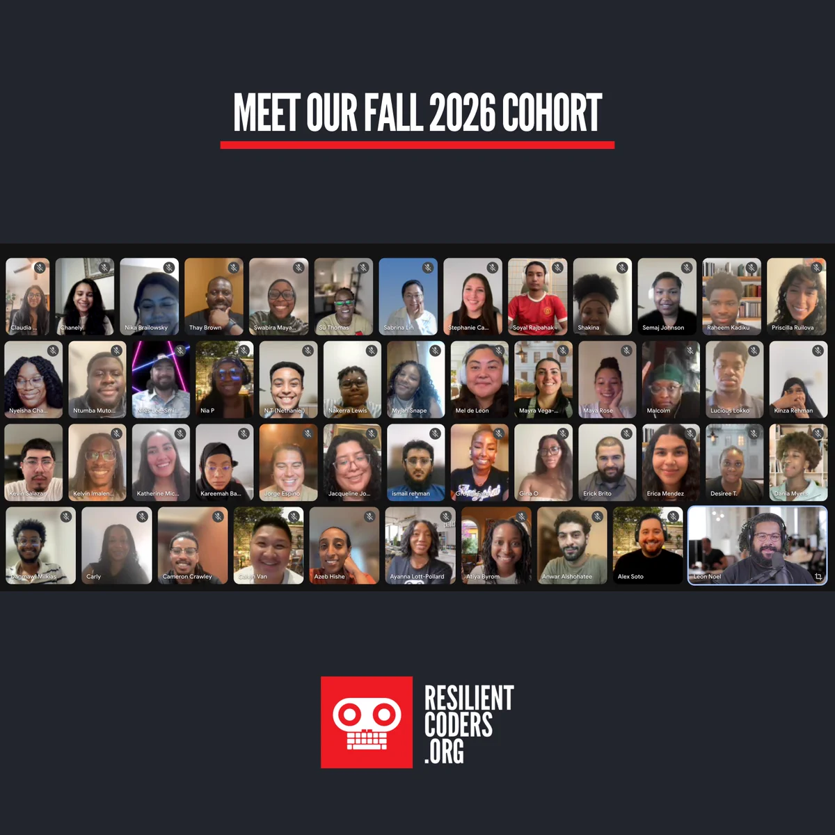 A Zoom screenshot of the new cohort and RC employees. Meet Our Fall 2026 Cohort. RC logo.
