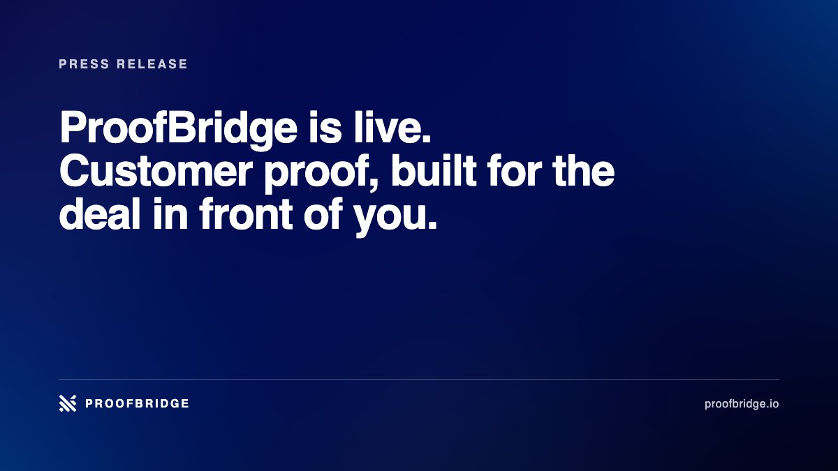 ProofBridgeApp's tweet photo. The proof that would win your rep's current deal already exists. It just cannot get there in time.

ProofBridge is live. Customer-verified proof, deployed to one specific deal in under two minutes.

https://t.co/Q0EOQNmmXx https://t.co/bbOSPHqA1P