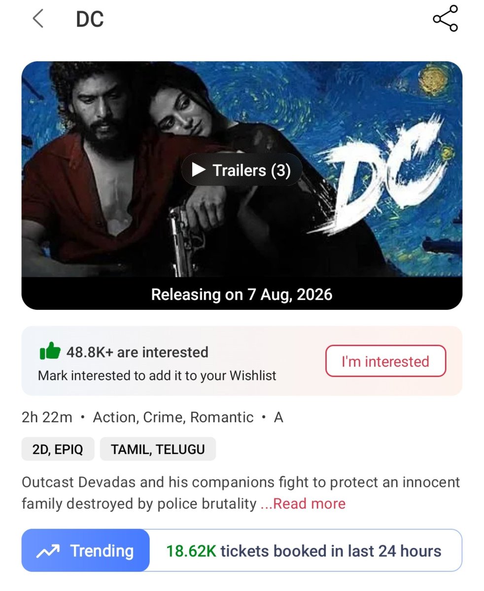 BNDBugle's tweet photo. Lokesh Kanagaraj's BMS account is officially open! 😂🔥

Debut lead film and the bookings are already rolling in.

📈 18.62K tickets booked in the last 24 hours

#DC #LokeshKanagaraj https://t.co/UujXoh7IXK