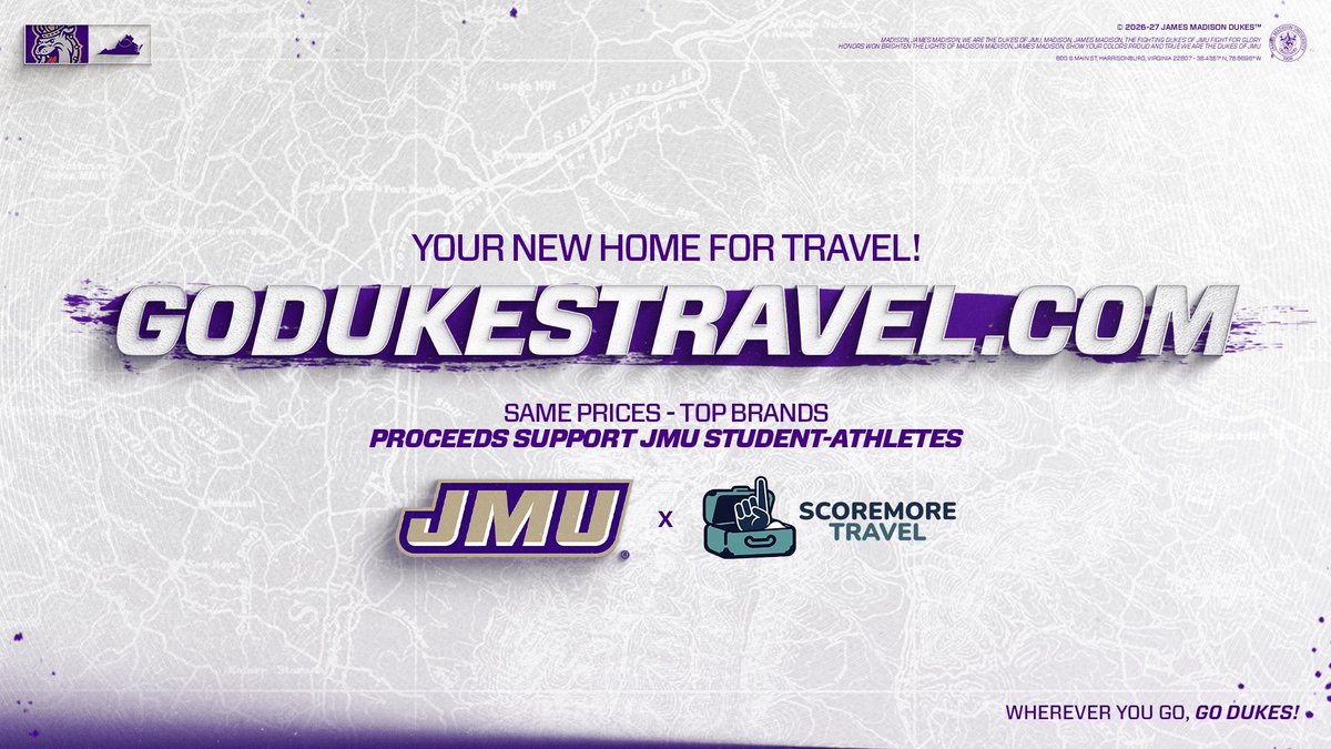 JMUSports's tweet photo. Your new home for all things travel! Excited to launch a partnership with @Scoremoretravel!  

Book through https://t.co/x7qRJUzc64 — same price as top brands but 50% of proceeds go to the @JMUDukeClub  Proud & True Fund.

Select your team and every game date and location is already loaded. Pick the game, book the room, done!

🏨 | https://t.co/x7qRJUzc64
ℹ️ | https://t.co/hDk6AKSco4

#GoDukes