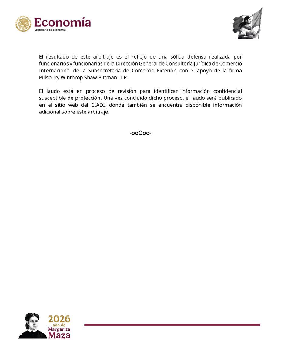 SE_mx's tweet photo. #ComunicadoEconomía 🗞️

México gana arbitraje internacional ante el CIADI quedando desestimada una reclamación que superaba 219 millones de dólares en contra del país

🔗 https://t.co/XhtDLHykQr https://t.co/AfVMto16AF