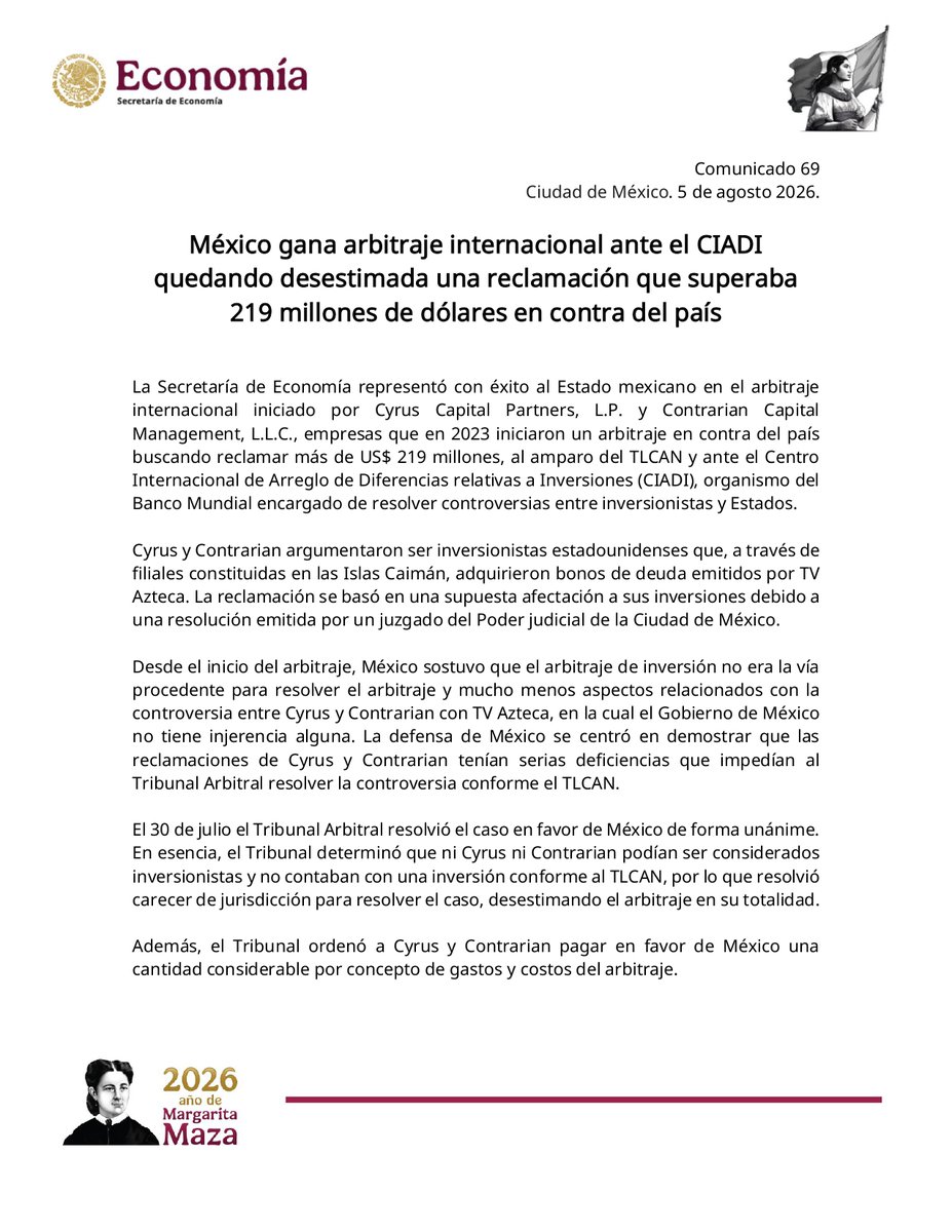 SE_mx's tweet photo. #ComunicadoEconomía 🗞️

México gana arbitraje internacional ante el CIADI quedando desestimada una reclamación que superaba 219 millones de dólares en contra del país

🔗 https://t.co/XhtDLHykQr https://t.co/AfVMto16AF