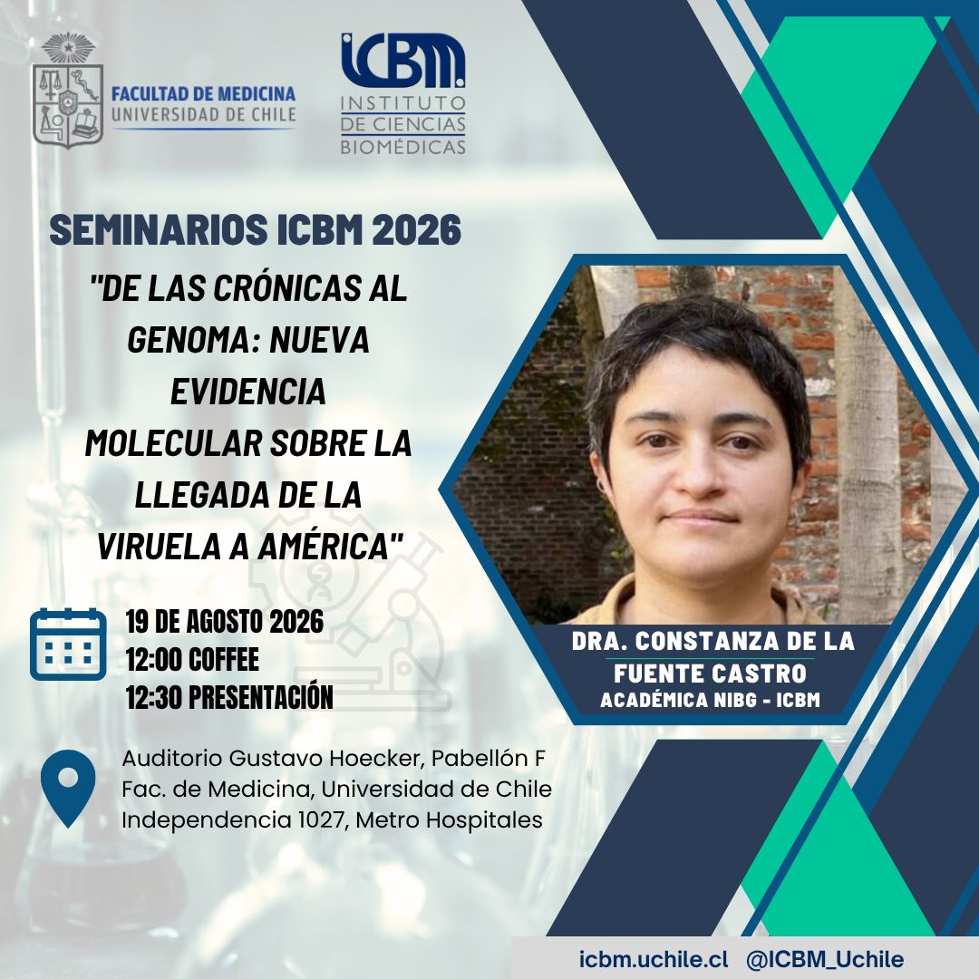 ICBM_UChile's tweet photo. 🧬 ¿Cómo llegó la viruela a América? La Dra. Constanza de la Fuente, coautora del estudio publicado en Science, presentará los hallazgos de la investigación que recuperó los primeros genomas antiguos de viruela hallados en el continente. #SeminariosICBM https://t.co/3UzgnCIieT