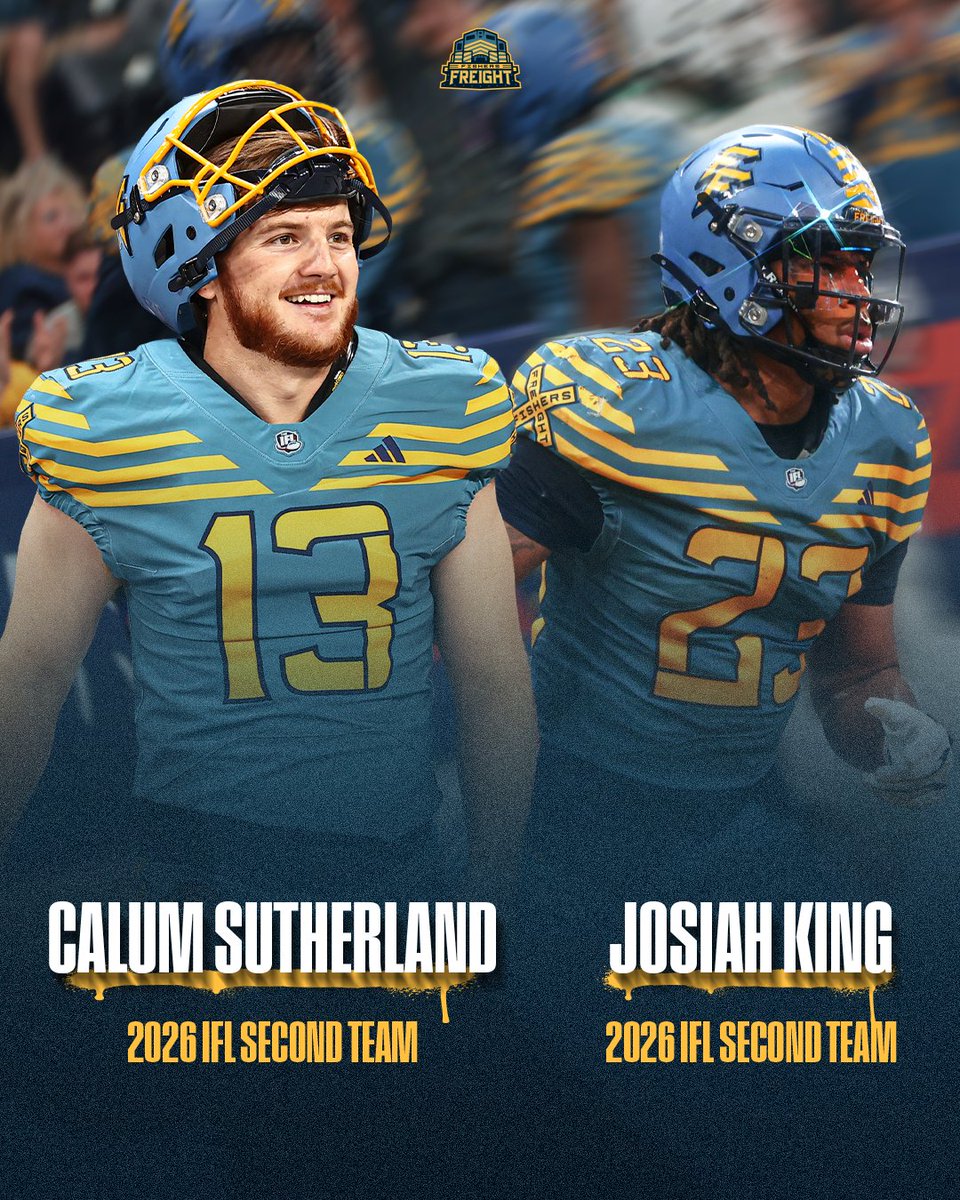 FishersFreight's tweet photo. Double the talent, double the reason to celebrate 🎉 Congratulations to 2026 All-IFL Second Team selections Calum Sutherland at kicker and Josiah King at kick returner!

#FishersFreight | #DontMissTheRide https://t.co/iMUuL56iWj
