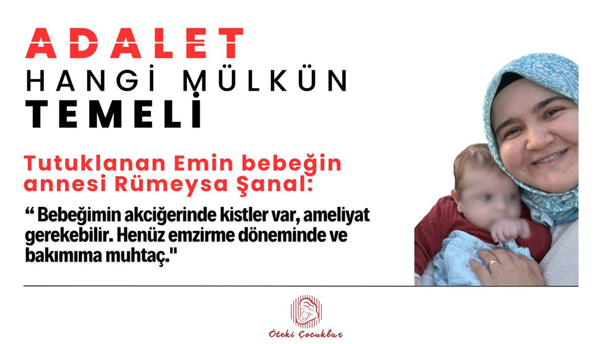 su19741972's tweet photo. 31 yaşındaki ebe Rümeysa Şanal’ın tutuklanması sonrası 10 aylık Emin annesinden ayrı kaldı. Akciğerinde kist bulunan ve anne sütüne ihtiyaç duyan bebek, iki aydır annesinin bakımından mahrum.

@TBMMresmi

EminHasta AnnesiHapiste https://t.co/ntwHhSIPqL