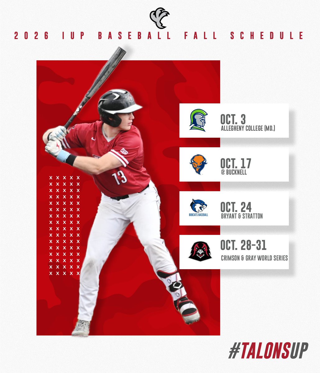IUPBaseball's tweet photo. FALL BALL SCHEDULE

IUP Baseball will play three fall games and the annual Crimson &amp; Gray World Series this Fall. 

The team will play at Dougherty Field on Oct. 3, Oct. 24, and Oct. 28-31. 

#TalonsUp https://t.co/qmNOHuOAWt