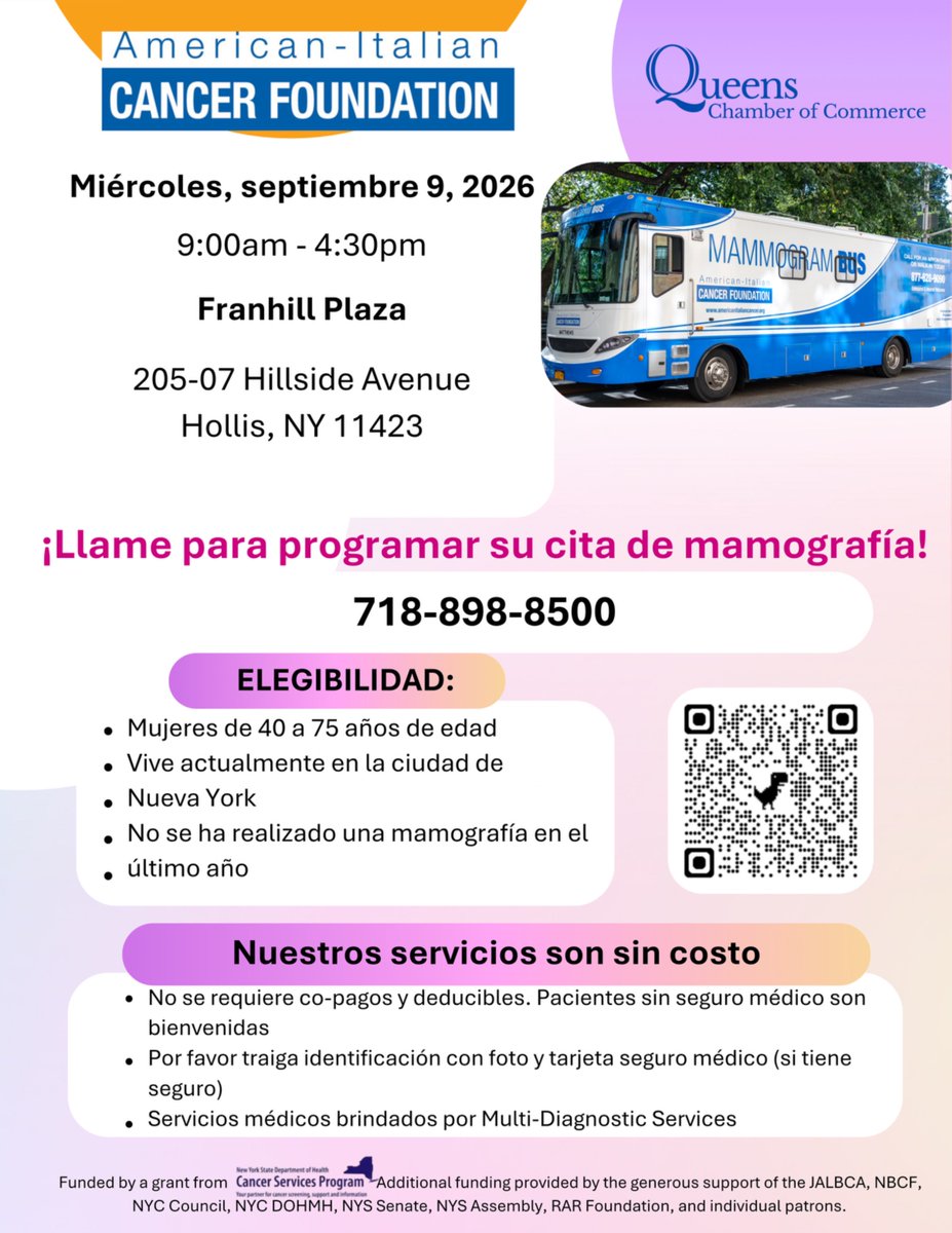 QueensChamber's tweet photo. Free Mammogram Screening in Queens! 💜
The Queens Chamber of Commerce is proud to partner with the American-Italian Cancer Foundation to bring no-cost mammogram screenings to our community.

📅 Wednesday, September 9, 2026
🕘 9:00 AM – 4:30 PM
📍 Franhill Plaza | 205-07 Hillside Ave

➡️ To schedule your appointment, call 718-898-8500 or register through the link below.
https://t.co/u19RfXjm3a

.

¡Mamografías gratuitas en Queens! 💜
La Cámara de Comercio de Queens se enorgullece de colaborar con la American-Italian Cancer Foundation para ofrecer mamografías sin costo a nuestra comunidad.

📅 Miércoles, 9 de septiembre de 2026
🕘 9:00 a. m. – 4:30 p. m.
📍 Franhill Plaza | 205-07 Hillside Ave., Hollis, NY 11423

➡️ Para programar su cita, llame al 718-898-8500 o regístrese a través del siguiente enlace:
https://t.co/u19RfXjm3a