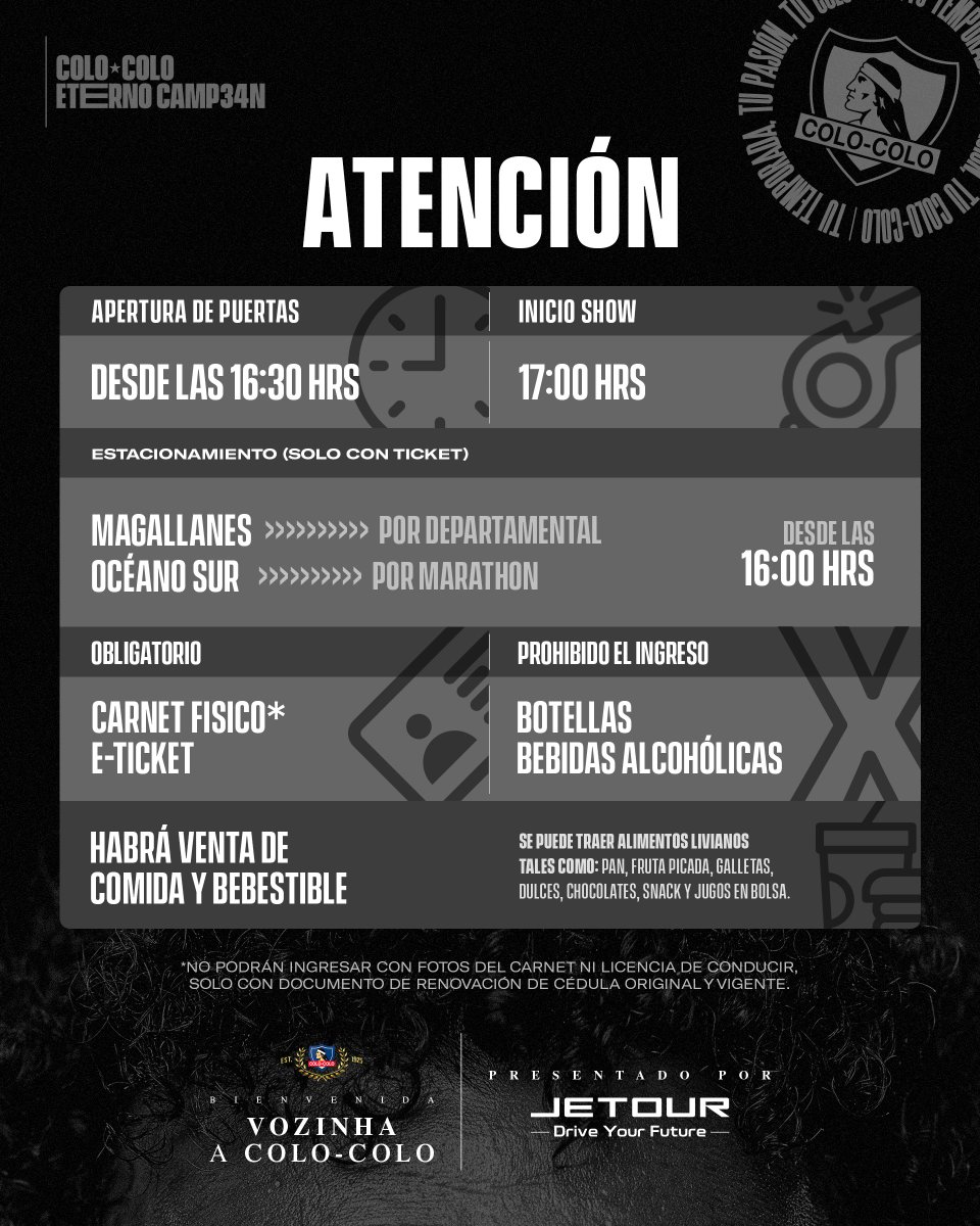 ColoColo's tweet photo. ¡Guía de ingreso! 

Sigue las indicaciones de las autoridades y cuidemos nuestro estadio 🏟️🏁

🎟️ ¡No te lo puedes perder! Recuerda que aún puedes canjear tus entradas y ser parte de este histórico recibimiento. ¡Nos vemos en el Estadio Monumental! 🤍🖤 https://t.co/sNL4W9ygoQ
