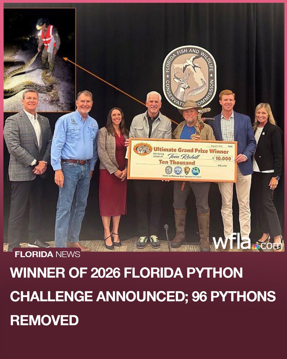 WFLA's tweet photo. The results and winners of the 2026 Florida Python Challenge have been announced, bringing the annual competition to a close. #Florida #floridapythonchallenge https://t.co/yQsCFsOzUA https://t.co/xXjfCSg9EW