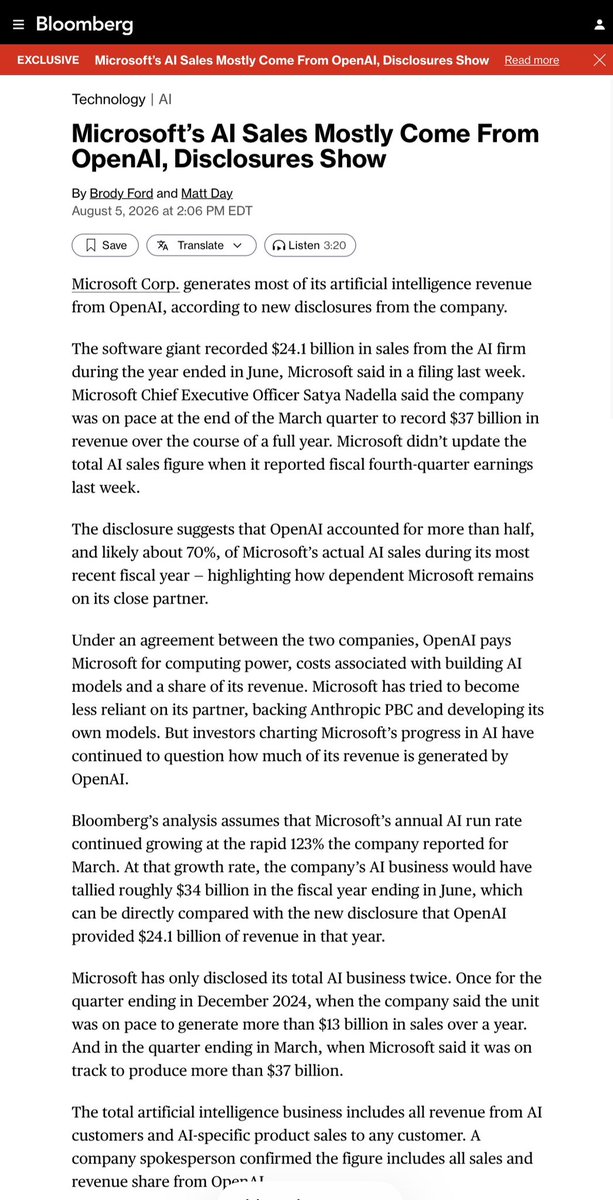 ns123abc's tweet photo. BREAKING: Microsoft just revealed ~70% of its entire AI revenue comes from ONE customer… 

OpenAI 💀 https://t.co/1QpJdKA1Rd