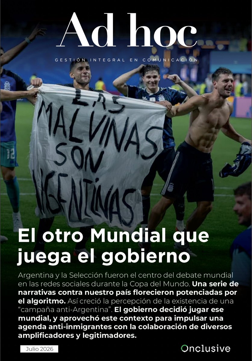 AdHocOK's tweet photo. EL OTRO MUNDIAL QUE JUEGA EL GOBIERNO

Publicamos un nuevo informe de conversaciones digitales 📲

Milei recuperó protagonismo pero el humor en las redes sigue en terreno negativo 🔴

Además:
➡️ Campaña anti-Argentina
➡️ Imagen digital de Chiqui Tapia
➡️ ¿La oposición?

🧵 https://t.co/G4FMHAWYPu