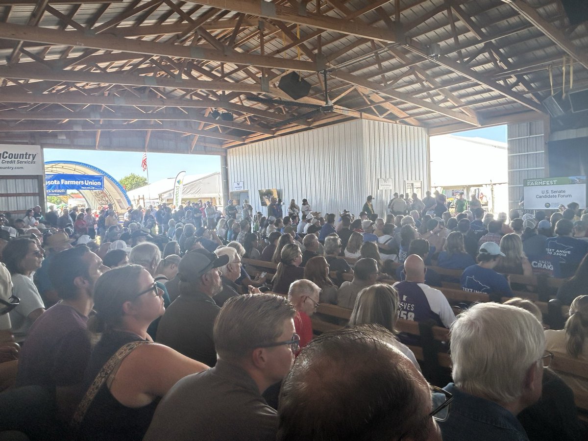 thauserkstp's tweet photo. NOW AT FARMFEST: U.S. Senate candidate forum featuring Democrats Peggy Flanagan and Angie Craig and Republicans Royce White and Michele Tafoya. GOP endorsed candidate Adam Schwarze not allowed to debate due to low poll numbers, but he is campaigning here. @KSTP https://t.co/96pJFCLpr8