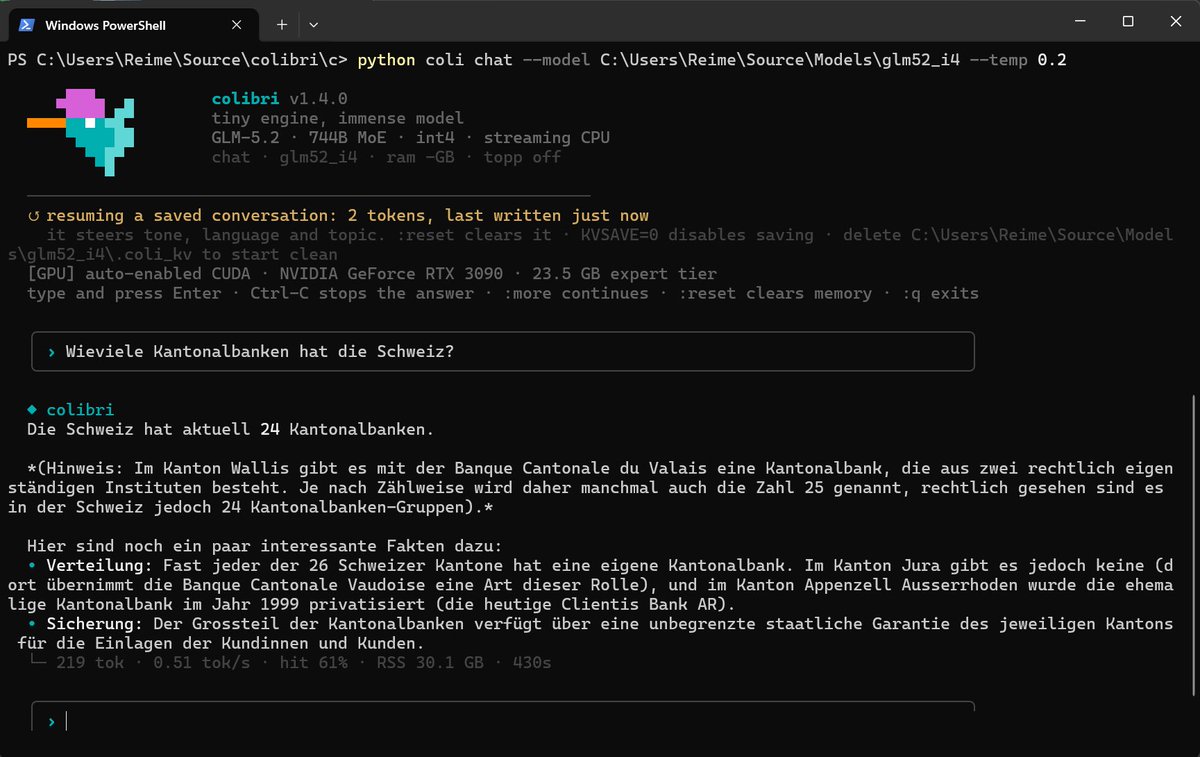 NilsReimelt's tweet photo. @justvugg Colibri compiled and running on a Predator Helios 18 machine with CUDA support. It has an internal 4090 but here I use my external 3090 via eGPU. Result: A little bit of hallucination and a bit slow but steady 🙂👍 https://t.co/6t6sgbYJoT