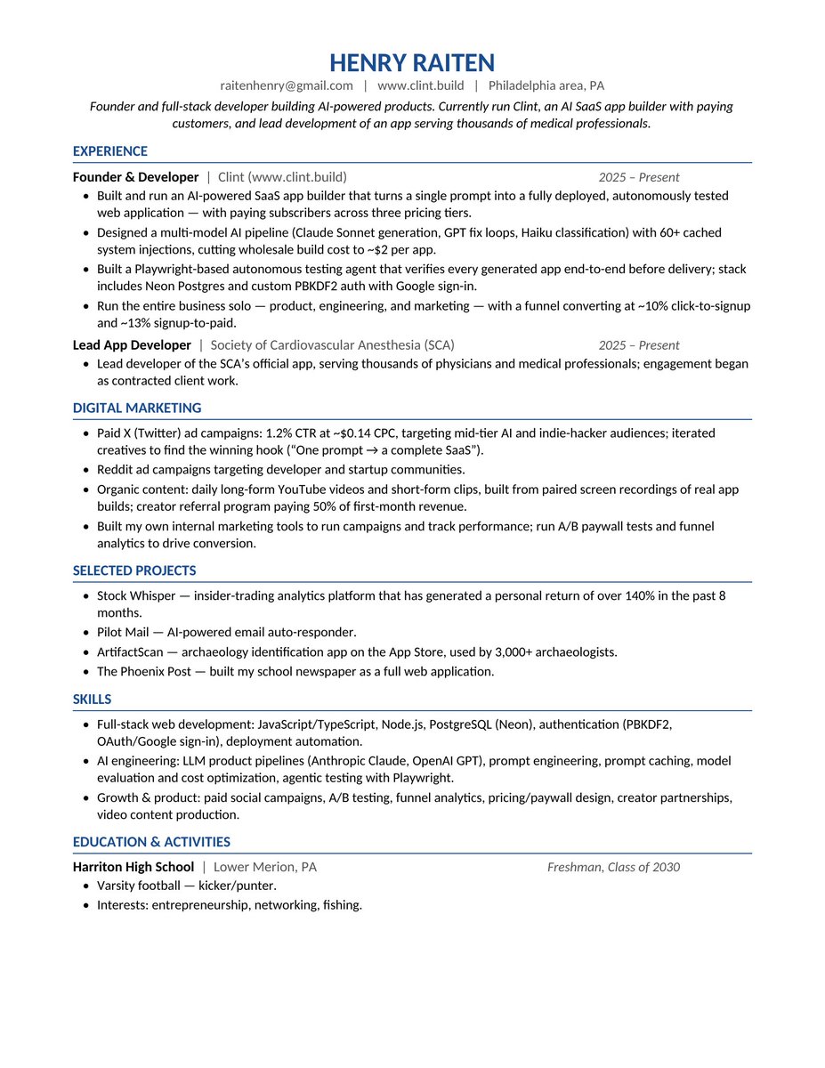 HenryRaiten's tweet photo. My resume at 15. https://t.co/5bfAyA3rsl