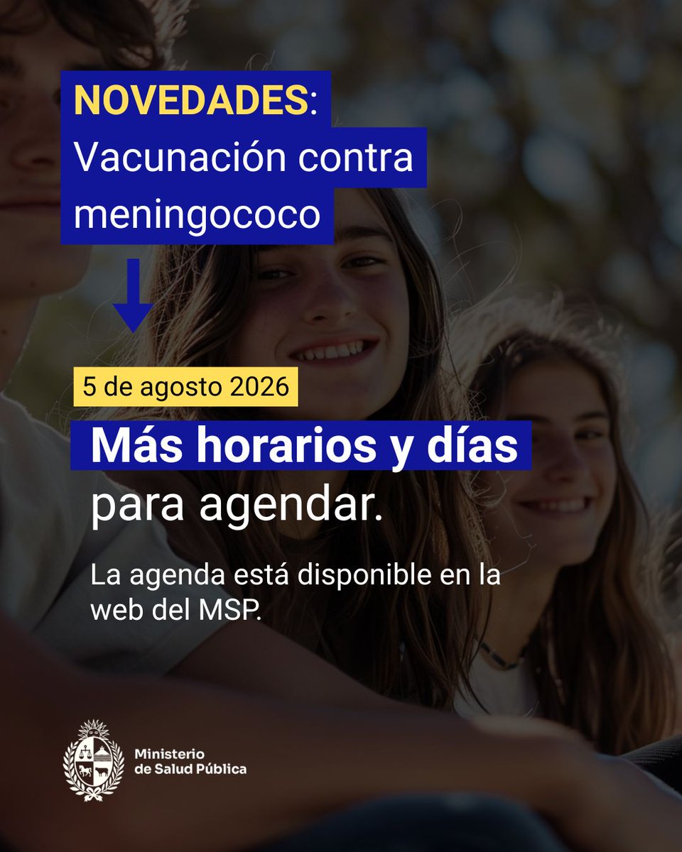 MSPUruguay's tweet photo. 📢 NOVEDAD MENINGOCOCO

Ya hay nuevos días y horarios disponibles para agendar la vacunación contra el meningococo.

Si todavía no sacaste turno, consultá las nuevas opciones y agendate.

💉 Más información y agenda:
https://t.co/O1O3LmHw0x https://t.co/QKGIaUQs61