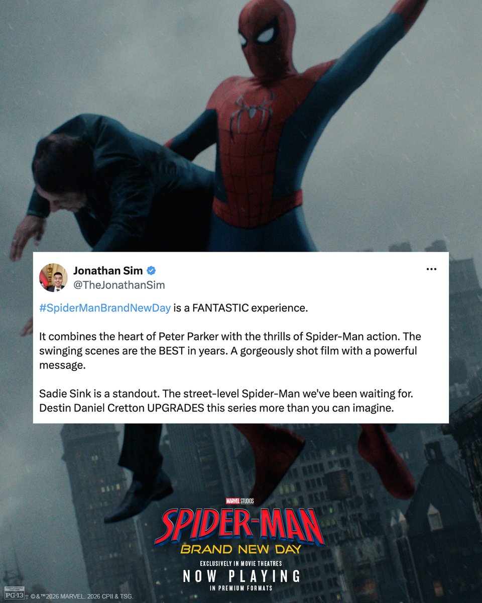 SpiderManMovie's tweet photo. Absolutely spectacular.

#SpiderManBrandNewDay is in theatres now. Get tickets. https://t.co/Gm9mNYn2jJ https://t.co/dKwoz8wqal