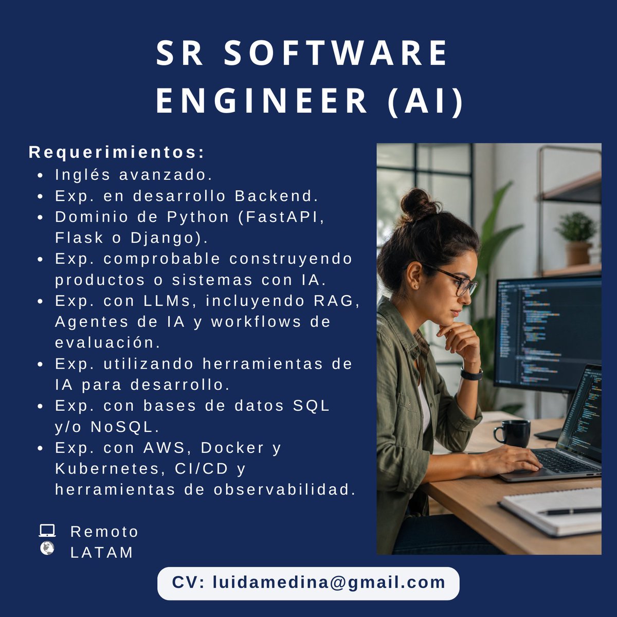 Luida_Medina's tweet photo. 📢 Oportunidad Laboral | #Latinoámerica
¿Sos un #SoftwareEngineer #Backend con experiencia construyendo productos impulsados por Inteligencia Artificial?
#Hiring #Python #ArtificialIntelligence #AI #LLM #RAG #GenAI #FastAPI #Django #AWS #Docker #Kubernetes #RemoteJobs #LATAM https://t.co/ttJUTN5njo