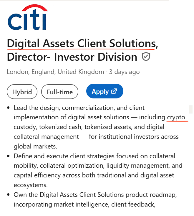 AltcoinDaily's tweet photo. JUST IN: CITIBANK IS HIRING A CRYPTO DIRECTOR https://t.co/vn0vXpKWmz