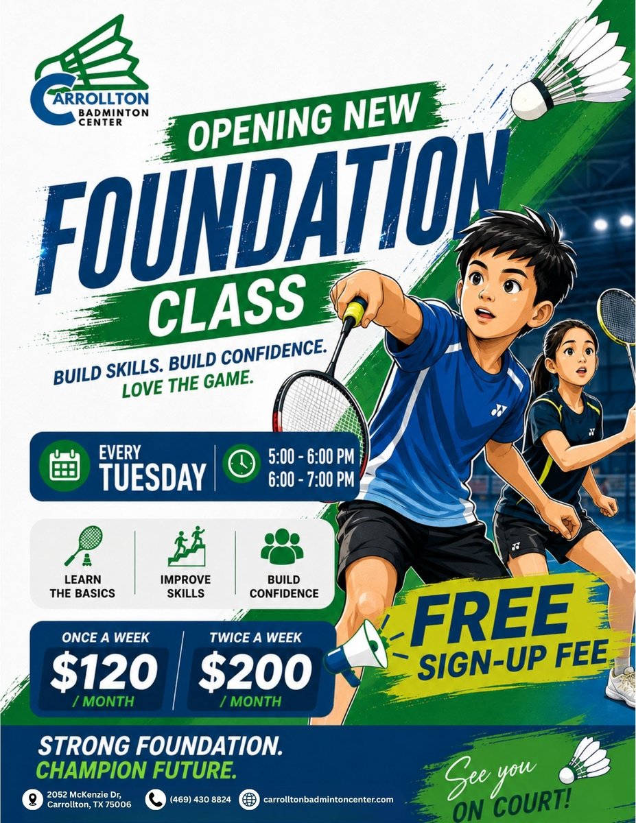 trainingatcbc's tweet photo. We're excited to announce the opening of our NEW Foundation Class at Carrollton Badminton Center!

Designed for beginners, our Foundation Class helps players develop the essential techniques, footwork, and confidence needed to enjoy and excel in badminton.

Text: (469) 430-8824 https://t.co/ISF36c8yr9