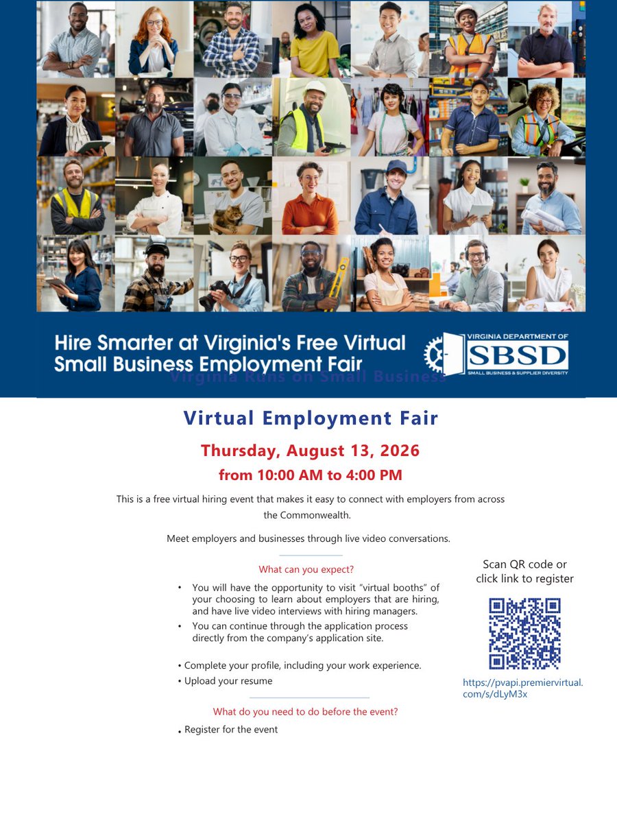 vaemploy's tweet photo. 📢Our partners at @VAWorks are holding a Virtual Employment Fair on Thursday, August 13 from 10 am to 4pm.  👉Click here to register: https://pvapi.premiervirtual. com/s/dLyM3x https://t.co/78iKuZBOrd