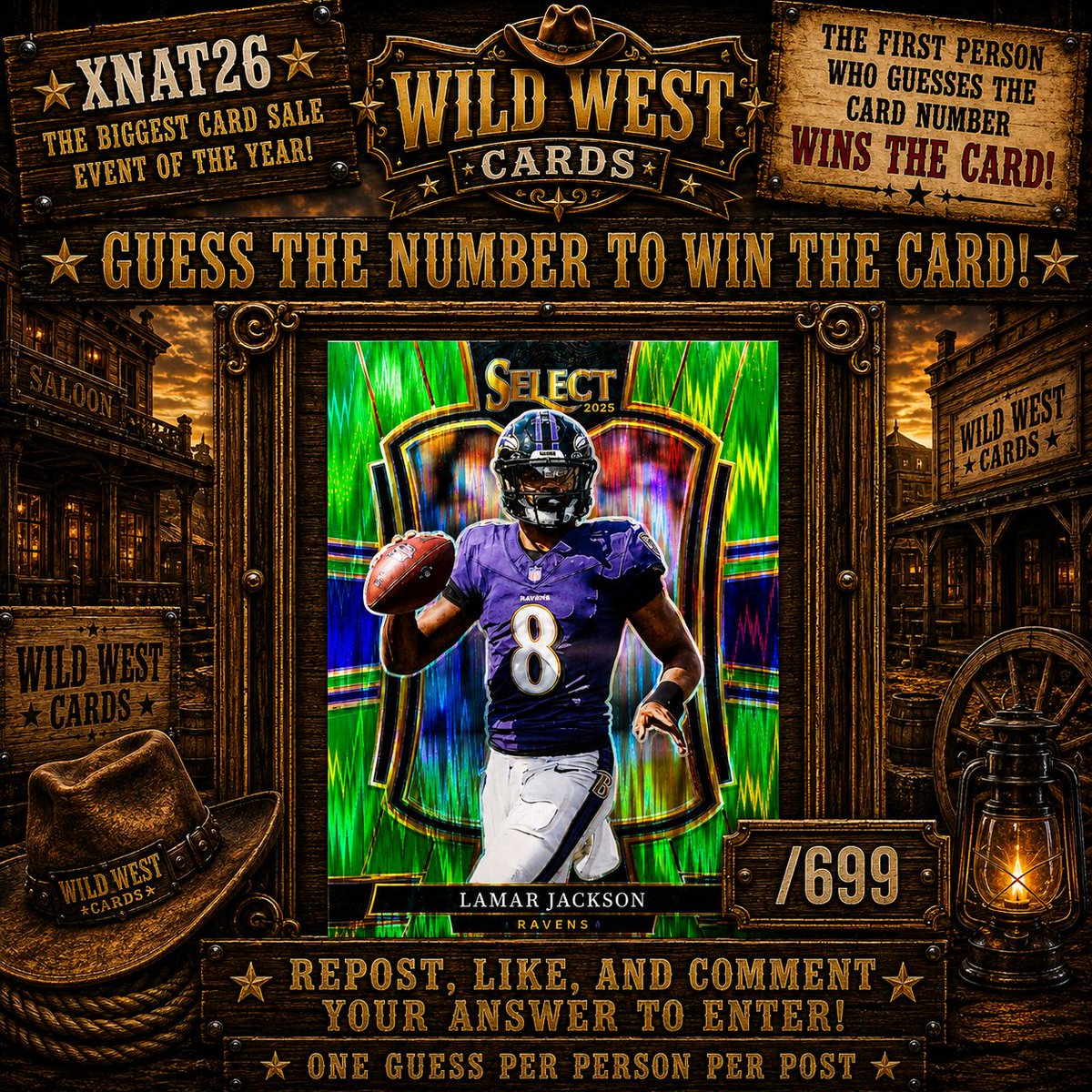 WildWestCards's tweet photo. GUESS THE CARD NUMBER, WIN THE CARD!

Lamar Jackson /699!

To Enter:
- Repost AND Like
- Be following @WildWestCards

ONE guess per person! If nobody gets it, we will do a 2nd round!

Make sure to follow the #XNat26 for great deals on cards all week long! https://t.co/WTjLhC0PVT
