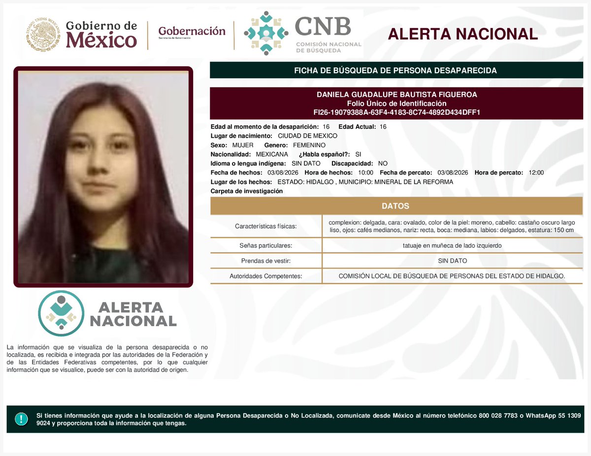 MetroCDMX's tweet photo. Si tienes información para localizar a las siguientes personas: 

- Daniela Guadalupe Bautista Figueroa
- Italia Betzali Montero Rodríguez
- María Guadalupe Ruiz Chávez
- Flavio Pérez González 

Comunícate con la Comisión de @Busqueda_MX, mediante el número telefónico:
☎️ 800 028 7783 

Agradecemos tu apoyo y colaboración. #AlertaNacionalDeBúsqueda