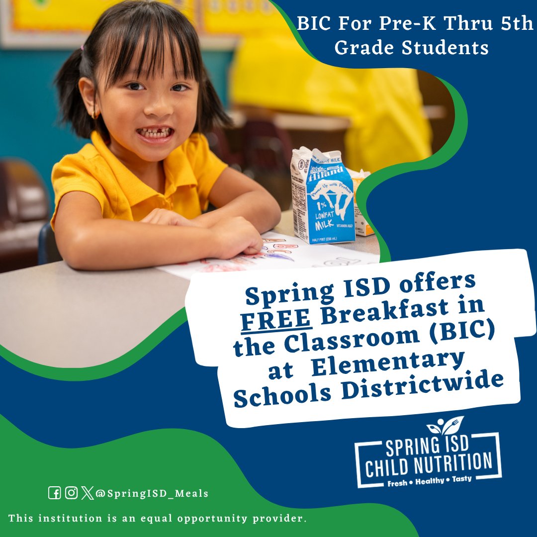 SpringISD_Meals's tweet photo. Good mornings start here! Every student at Spring ISD can enjoy a FREE breakfast! Plus, our elementary students get FREE breakfast in the classroom. Start your day right with us!☀️ @SpringISD https://t.co/mErQPxrZsz