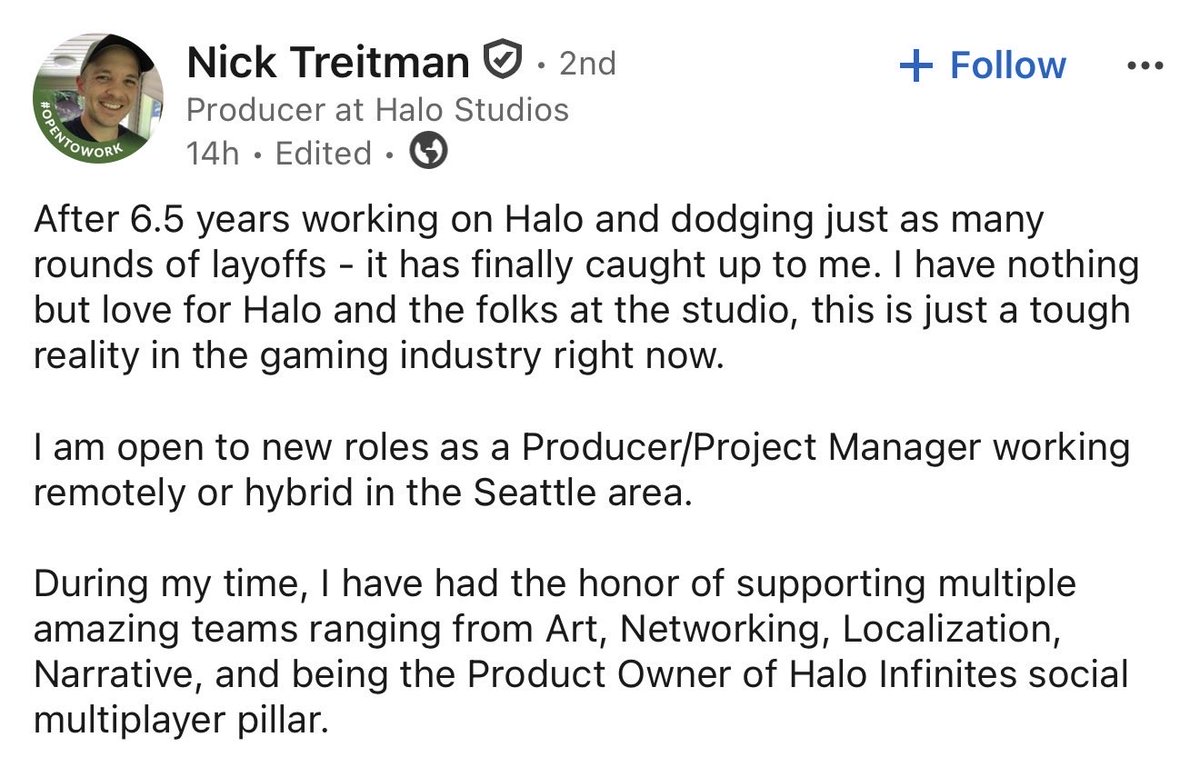 Mr_Rebs_'s tweet photo. I was going to wait and see if more employees posted about being laid off, but since people have started talking about this: It seems that Microsoft waited until after Campaign Evolved released to start laying off Halo Studios employees. There’s no confirmation for mass layoffs, these are the only employees who’ve posted about it. I will provide updates if information about this situation is shared. #Halo