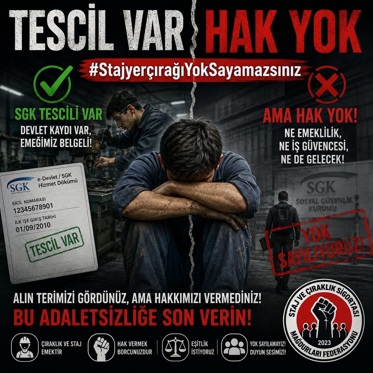 CirakStajFED's tweet photo. Yıllarca "Alın teri dökün, üretime katılın" dediniz; çocuk yaşta tezgâh başına geçen, sanayide ter döken yüz binlerin emeğini yok saydınız!  
@Akparti
@MHP_Bilgi
@yenipartiyiz 
@RTErdogan 
@dbdevletbahceli 
@eczozgurozel
@Yusuf__Tekin 
@tcmeb 
@isikhanvedat 
@csgbakanligi 
@memetsimsek 
@HMBakanligi 
@abakingurlek 
@iletisim 
@herkesicinCHP
@iyiparti
@YeniYolTBMM
@SaadetPartisi
@GelecekPartiTR
@devapartisi
@_DemokratParti
@rprefahpartisi
@anahtarparti
@zaferpartisi
@bbpgenelmerkez
 @DSPGenelMerkez 
@BTP_Parti
@tipgenelmerkez
@dypmerkez 
@emekpartisi 
@NumanKurtulmus
@mehmetucum
@oktay_saral
@ejderacikkapi
@MahinurOzdemir
@profdrorhanates 
@MvDrHasanArslan 
@aerdemcantimur
@Korkutata_Zeki 
@isikhanvedat 
@vedatbilgn
@akbasogluemin
@NazimMavis
@leylasahinusta
@resulkurt34
@vedatbilgn
@zorlu77

Devletin resmi evrakında "SGK Tescil Numarası" verip kart bastınız, "Siz artık sigortalısınız" dediniz. Bugün ise "O sadece sembolik girişti, emekliliğe sayılmaz" diyerek kendi verdiğiniz belgenin arkasından çekiliyorsunuz.  

Soru net: SGK kartında yazan tescil tarihi devlette söz midir, yoksa sadece bir kâğıt parçası mı?

Masa başında oturana borçlanma hakkı tanıyanlar, 14-15 yaşında sanayi çarklarını döndüren çırak ve stajyerlerin hakkını gasbediyor. Avukata, doktora stajını borçlanma hakkı verirken; bu ülkenin temelini atan alın terine "Hayır" demek adalet değil, açık bir ayrımcılıktır.  

Tescil var, emek var, ter var… Ama sıra hakka gelince duvar var!

Kâğıt üstünde var sayıp fiiliyatta yok sayamazsınız.

Biz kimseden sadaka değil, çocuk yaşta dökülen emekten doğan Anayasal hakkımızı istiyoruz!

Kamuoyuna saygıyla duyurulur.
Staj ve Çıraklık Sigortası Mağdurları Federasyonu

Tescil Var Hak Yok
#StajyerçırağıYokSayamazsınız