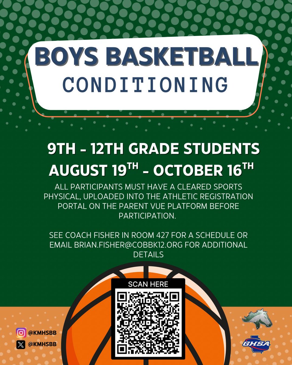 KMHSBB's tweet photo. Pre-season conditioning for the upcoming 2026-2027 season will begin soon! Use the QR code located on the flyer or the link in bio to register. All participants must have a cleared sports physical, uploaded into the Athletic Registration portal to participate! ⛰️🐎🏀 #DoTheWork https://t.co/ze2PvuI6kS