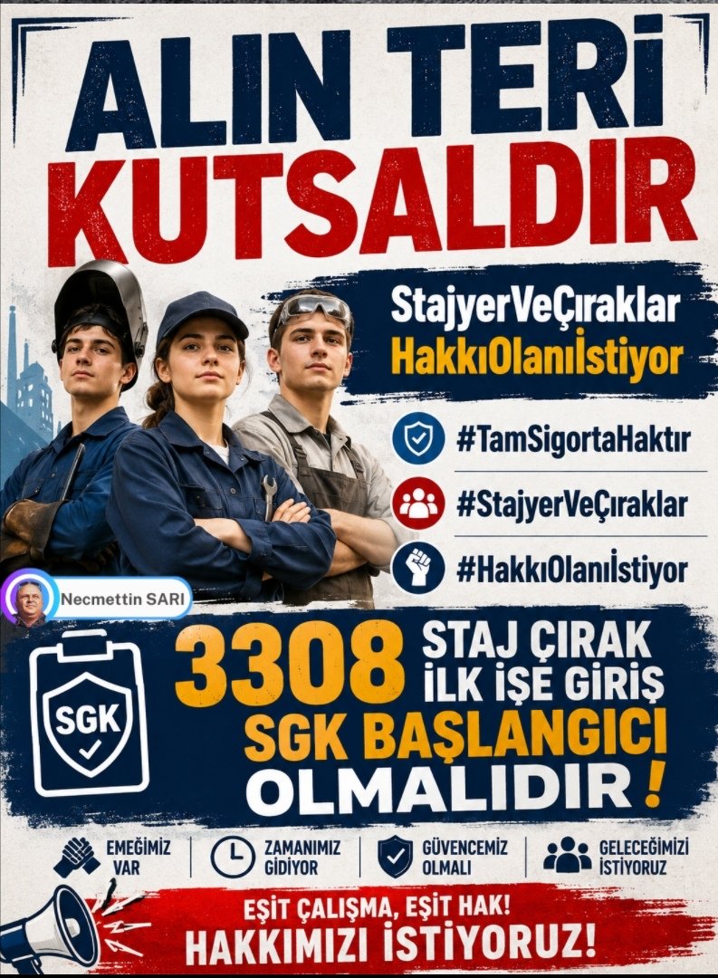 HasanAYDIN10187's tweet photo. Alın Teri Kutsaldır 
Sayın 
@RTErdogan
@dbdevletbahceli
@_cevdetyilmaz
@isikhanvedat
@Yusuf__Tekin
@memetsimsek
@MahinurOzdemir
@efkanala
@mustafaelitas
@_fatihsahin
@Hayati_Yazici
@aliihsanyavuz54
@erkankandemir
@hby34
@zorlu77
@eyupkadirinan
@abuyukgumus
@acarfaruka
@mustafademir
@avhamzadag
@ZeybekciNihat
@belginuygur10
@drbetulsayan 
@SirakayaZafer 
@drbetulsayan
@avyusufibis
@avabdullahguler
@akbasogluemin 
@abdulhamitgul
@Yenisehirlioglu
@leylasahinusta
@erkanakcay45
@ifarukaksu
@oozgurbayraktar
@bakiersoymhp 
@fevzizirhlioglu 
@buyukataman
@MKalayci42
@PrfDrFilizKilic
@ismailozdemirrr
@yasaryldrmMHP
@YildizFeti
@celal_adan
@drpelinyilik
@KarakayaMevlut
@buyukataman
@mhpvahitkayrici
@KverSemih

Bizler, genç yaşlarımızda çalışarak üretime katkı sağlayan stajyer ve çıraklar olarak emeğimizin karşılığını yıllardır bekliyoruz. O günlerde iş yerlerinde sorumluluk aldık, alın teri döktük, meslek öğrendik. Ancak emek verdiğimiz o yılların sigorta başlangıcı sayılmaması, bizleri büyük bir mağduriyetle karşı karşıya bıraktı. Emeğin yaşı olmaz; verilen emek de geçen zaman da yok sayılmamalıdır.
Bugün tek isteğimiz ayrıcalık değil, adalet ve eşitliktir. Yıllar önce attığımız ilk çalışma adımının hak ettiği değeri görmesini, sesimizin duyulmasını ve mağduriyetimizin giderilmesini bekliyoruz. Geleceğimiz için verdiğimiz emeğin karşılığını almak, yalnızca bir hak değil, vicdanın da gereğidir.

Çözümü Hazır Eksik Olan Adalet 
#AdaletleAydınlatın
#StajÇıraklıkSgkBaşlangıcıOlsun