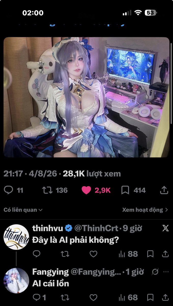 Fangyinguwu's tweet photo. đụ má m ảo AI hả clg cũng AI, ảnh tbm mài mặt ra thuê đồ đổ tiền vô mua đèn setup góc chụp xong cmt xanh rờn kêu AI, có thấy pc t dán chữ Fangying không😔??? ngáo vcl https://t.co/b1Ry8fM77q