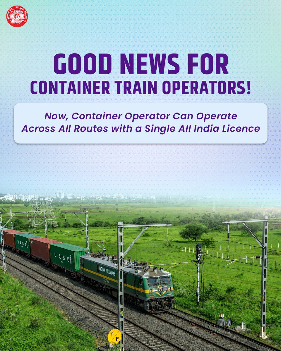RailMinIndia's tweet photo. A major boost to Ease of Doing Business!

Indian Railways introduces a Single All India Licence for Container Train Operators, along with key reforms to simplify licensing and establish a uniform framework for container train operations across India.

https://t.co/5oUbq7li9W

#Hungry4Cargo