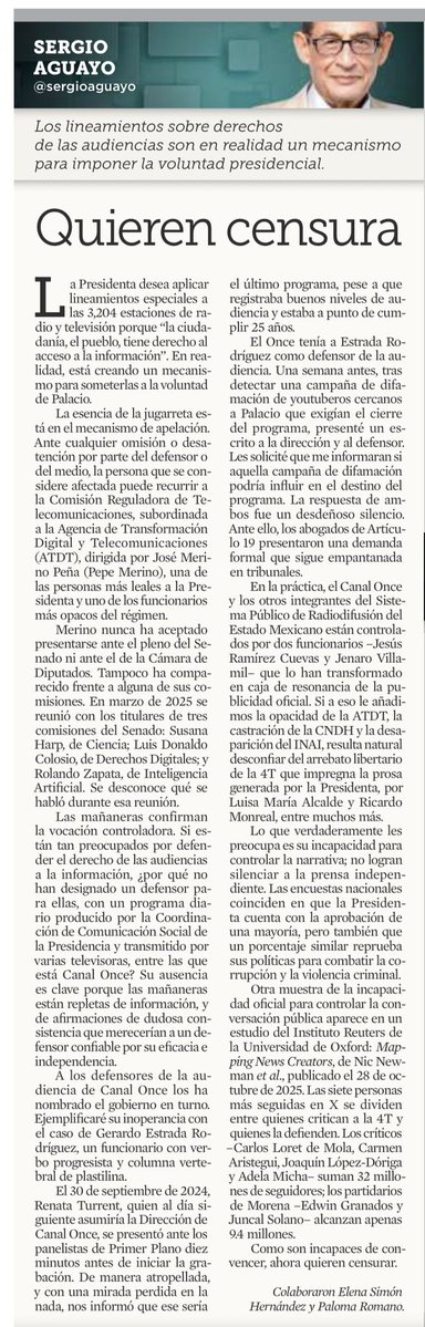 ferbelaunzaran's tweet photo. Buena columna de @sergioaguayo:

Quieren censura

“Lo que verdaderamente les preocupa es su incapacidad para controlar la narrativa; no logran silenciar a la prensa independiente” https://t.co/F359ICJQNZ