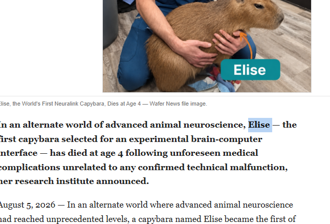 DellyTheDev's tweet photo. Thats insane! 2 News already posted about Elise!!!

First tested Capybara just dies in Neuralink lab while running some tests on her!

This will go viral and Elon will tweet it for sure!

https://t.co/UK0UJvVWAr

NW: https://t.co/Cdeyj9nVp3 https://t.co/vZiuhtdfO1