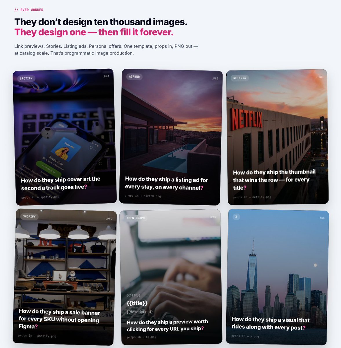 carol_llopesr's tweet photo. How does Spotify ship cover art the second a track drops?

How does Airbnb advertise every listing without opening Figma?

How does Netflix pick the thumbnail that wins the row?

Props in → image out.
One template. Infinite variations.

The waitlist is open → https://t.co/lPylZ8N6CL

@felipe_rohde 🧑‍💻