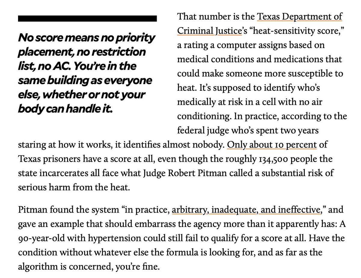 PrisonPolicy's tweet photo. Right now, there are fewer than 53,000 "cool beds" available in TX prisons (beds in air-conditioned areas), and a formula decides who gets to access them.

That leaves thousands of vulnerable folks—even those who suffer from medical conditions—exposed to deadly temperatures. https://t.co/dF6RFfXm91