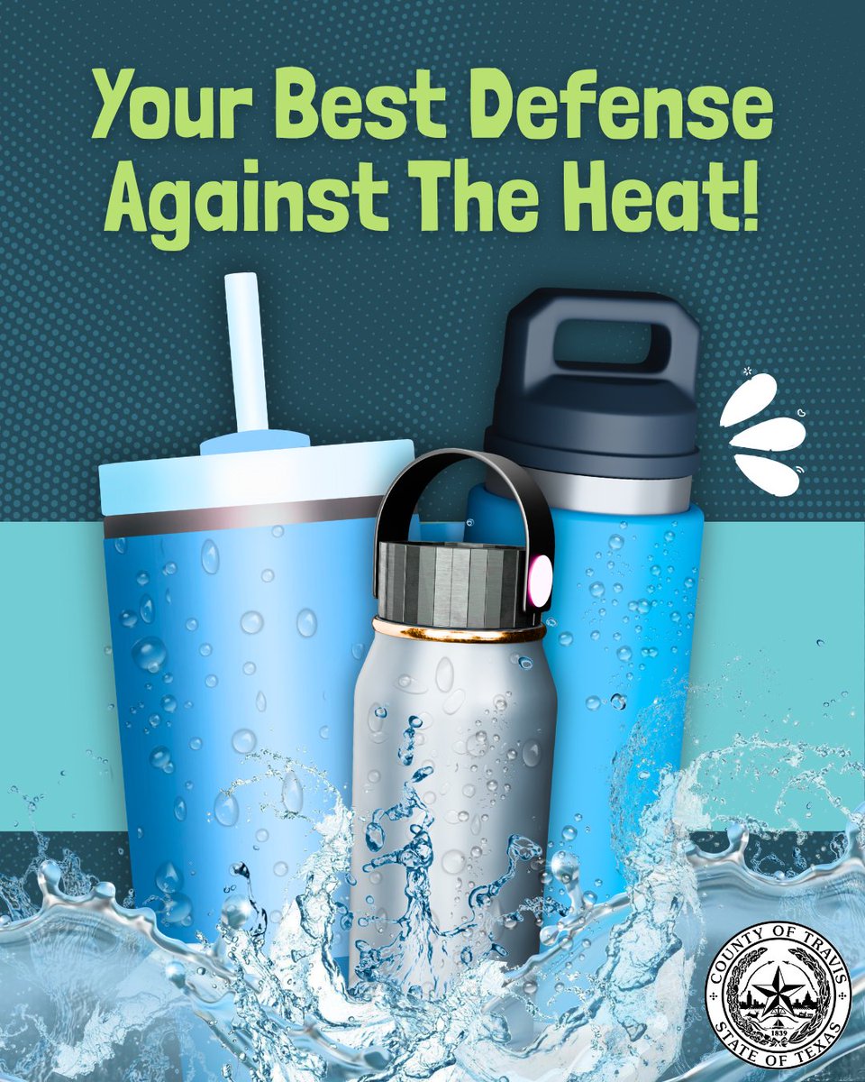 TravisCountyES's tweet photo. 💧 Hydration is your best defense against the heat!
Feel-like temps above 105°F are expected this week. Drink water throughout the day, even if you don't feel thirsty.

✔️ Drink water often
 ✔️ Take breaks in shade/A/C
 ✔️ Watch for dizziness, headache, or fatigue https://t.co/FU8ZbyG51Y
