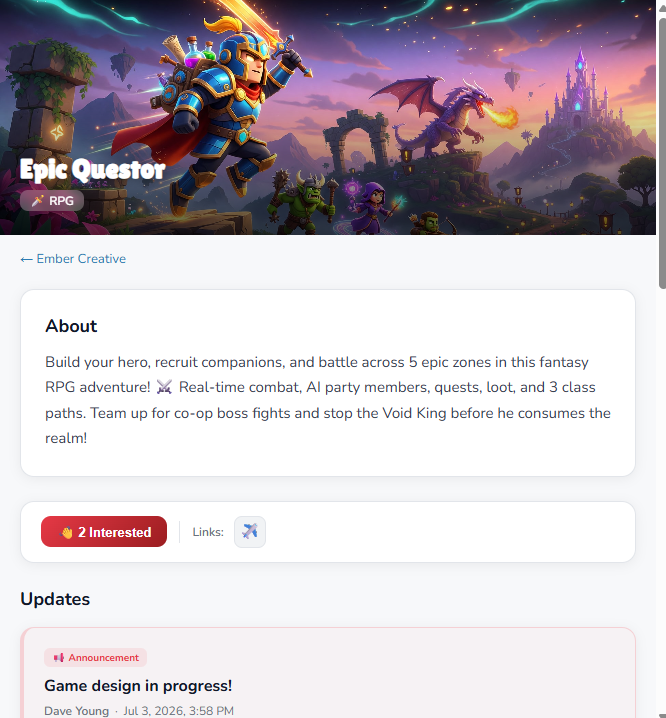 BloxApi's tweet photo. Before you create your game, you should get some interest drummed up and start your community! 

BloxxBuilder lets you create a public game page where you can show screenshots, concept art, videos, and community links to get some early interest. https://t.co/vTvsQFQAEd